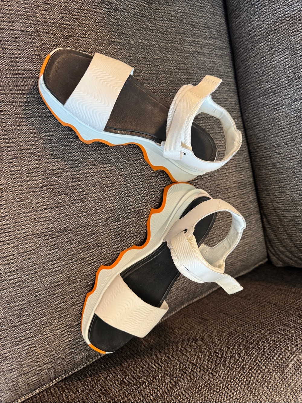 Sorel White and Black Platform Wave Sandals with Orange Accent